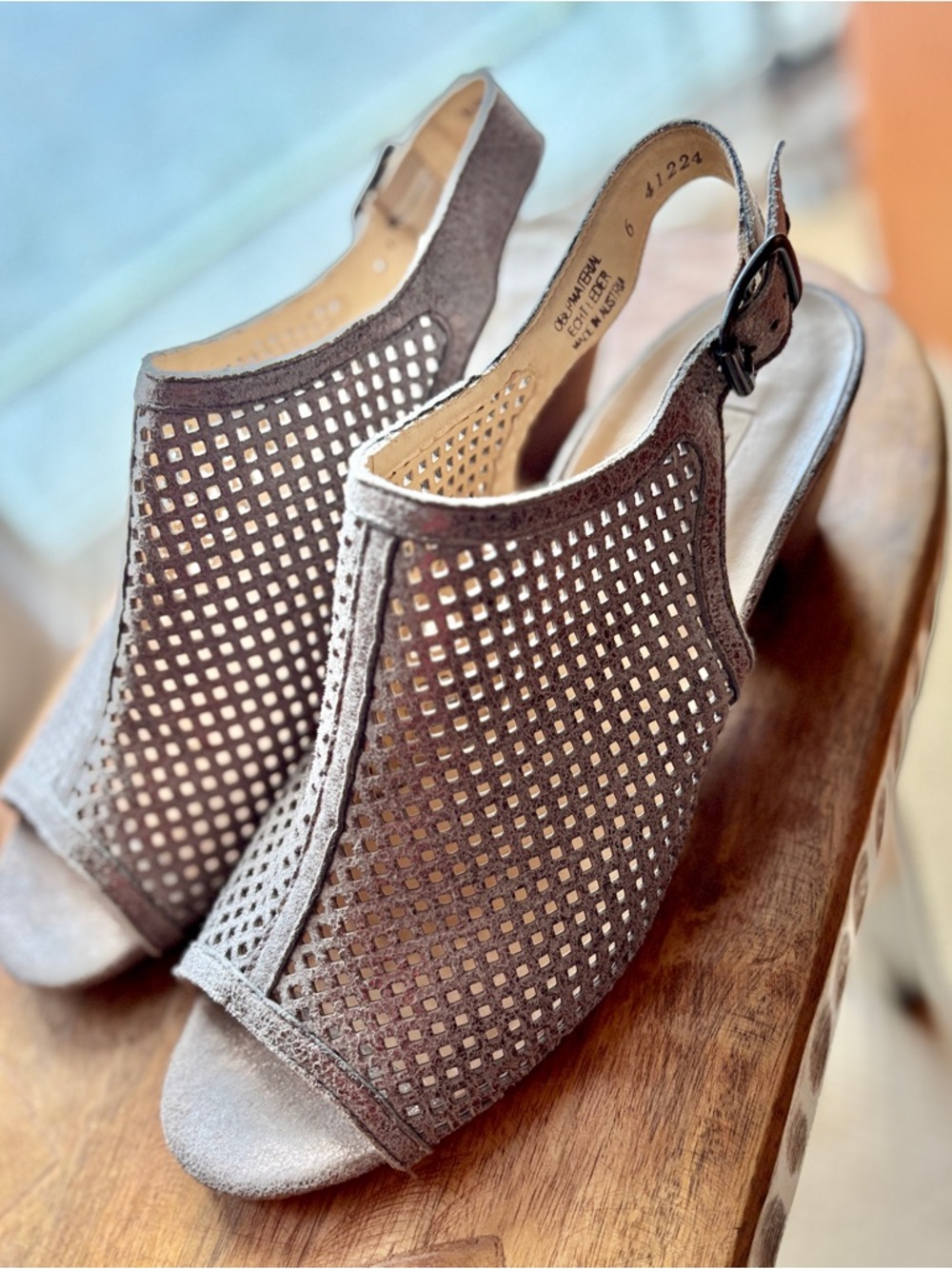 Paul Green “Lois” Perforated Leather Sling-Back Mules Metallic Gray Smoke - 8.5